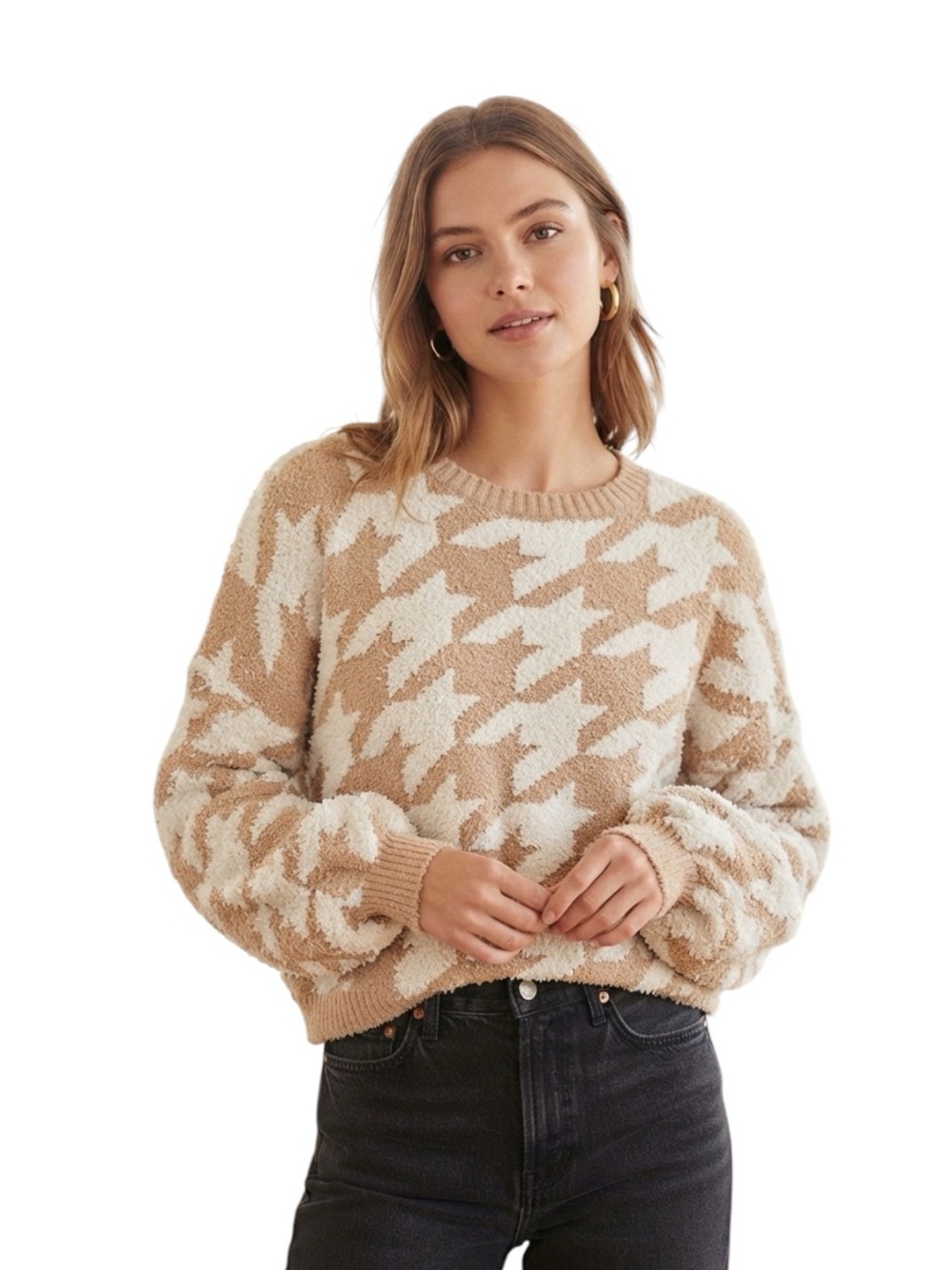 Altar'd State Beige & Cream Houndstooth Crewneck Sweater Size M